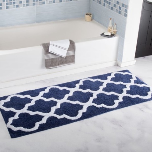 Hastings Home Hastings Home 100 Percent Cotton Trellis Bathroom Mat - 24x60 inches - Navy 823476FSO
